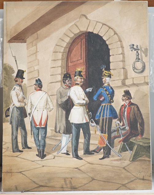 19th century School, watercolour on card, Gentleman wearing military dress, monogrammed H V, 36 x 28cm, unframed. Condition - fair